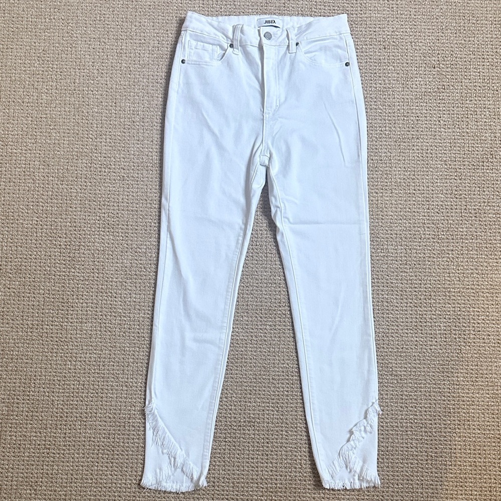 JBD Just Black White Stretch Skinny Jeans Frayed Hem Ankle Size 28